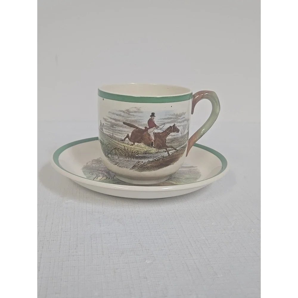 Copeland Spode England Herring Hunt Green #1 Footed Demitasse Cup‎ and #1 Saucer